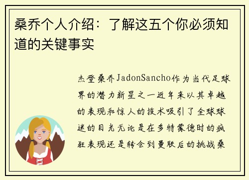 桑乔个人介绍：了解这五个你必须知道的关键事实